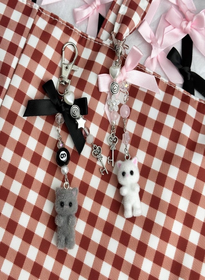 Thalireth Y2k Cute Bow Kitty Keychains Fuzzy Cat Bag Charms Kawaii Aesthetic Heart Key Pendant For Tote Bags Backpack Purse (Grey) - Image 4